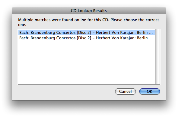 iTunes CD Lookup Results dialog